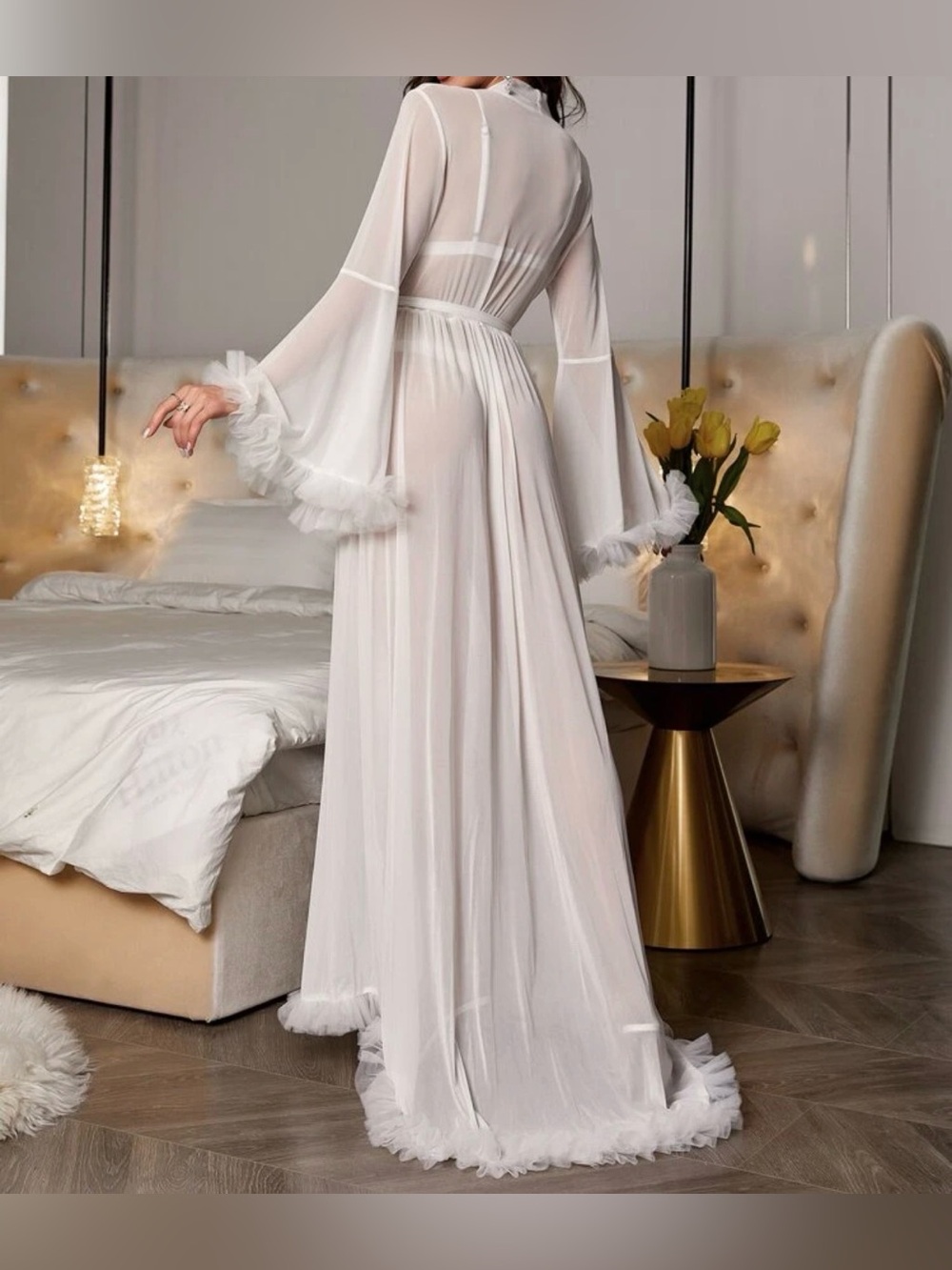 White Sheer Robe with Ruffle Trim - Picture 3 of 11